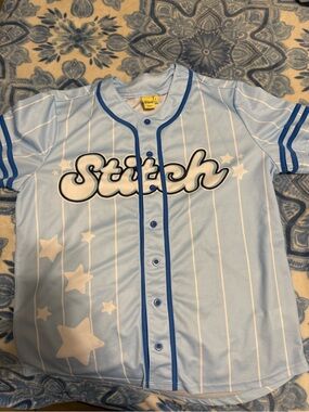 Disney Light Blue Pinstripe 'Stitch' Baseball Jersey with White Stars